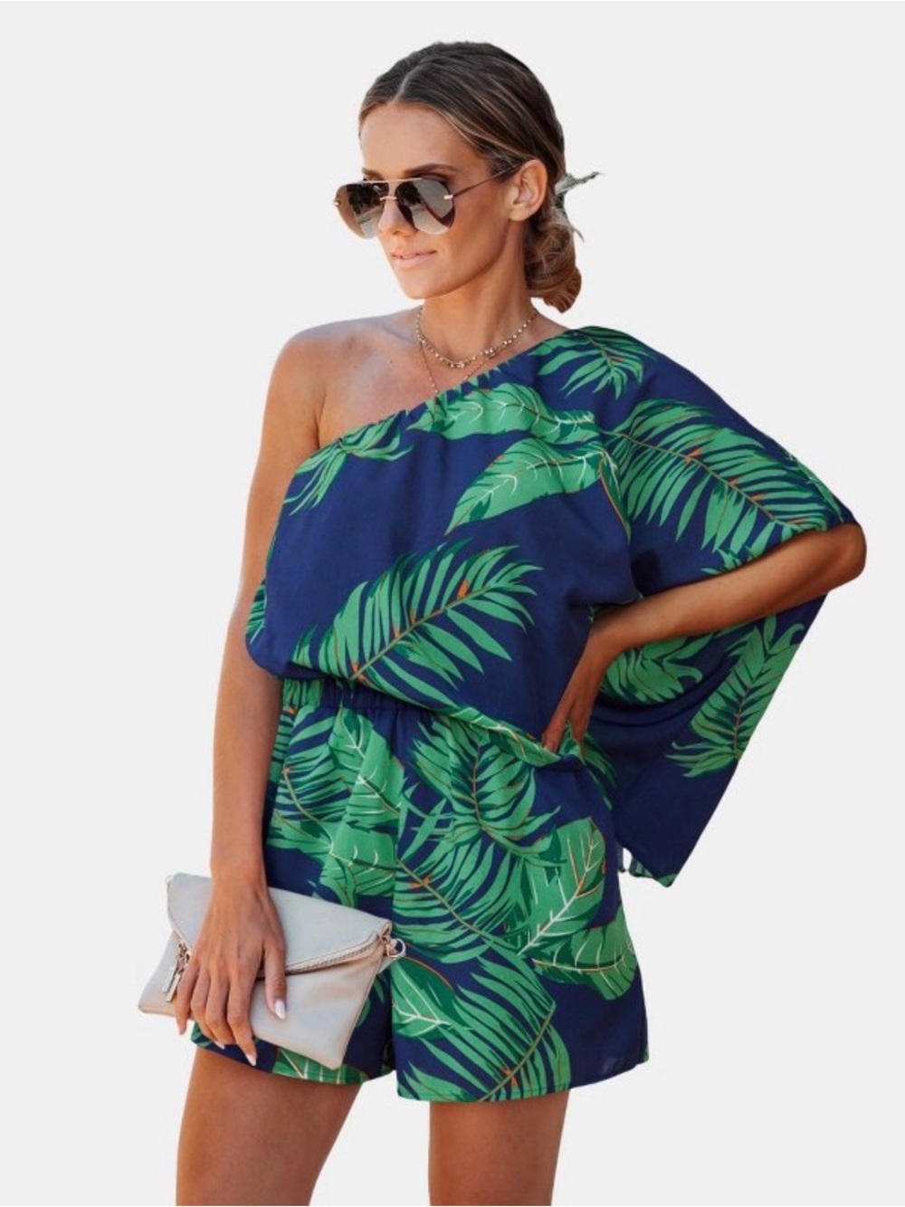Navy One-Shoulder palm leaf Print Romper - Green Leaf cupshe